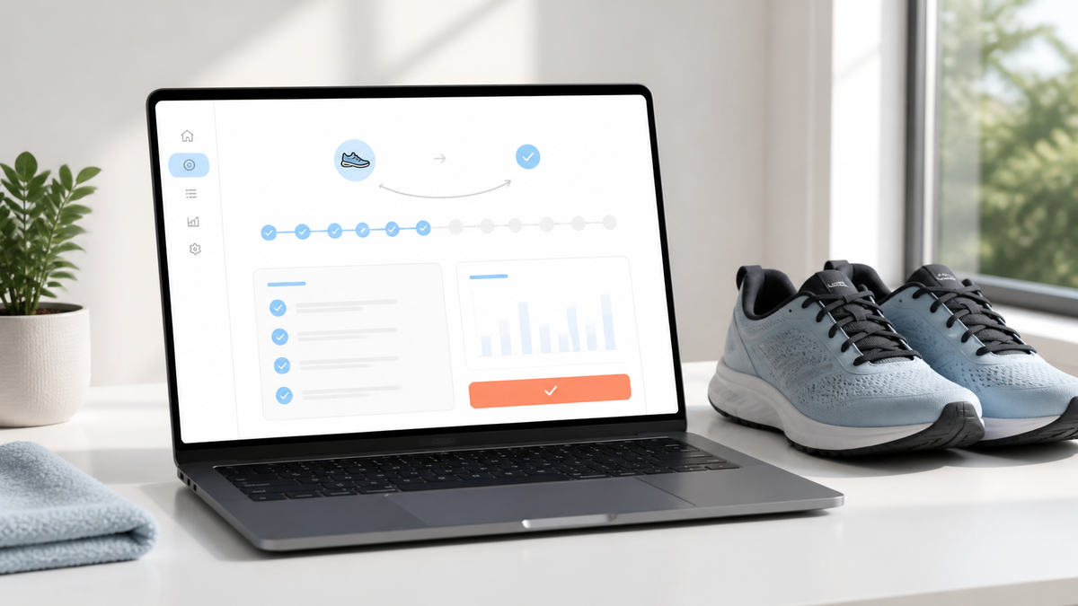 Digital habit journal with prepared training shoes inspired by Atomic Habits
